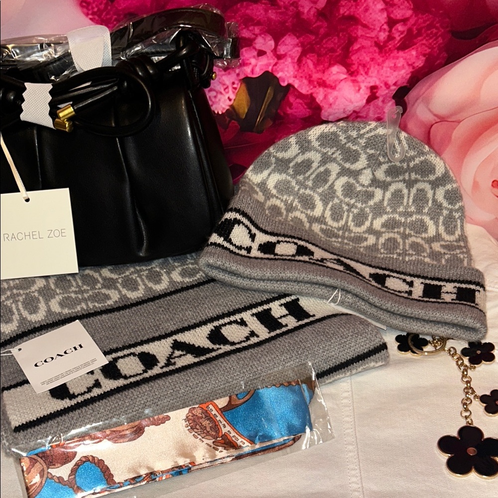 Coach Gray and Black Logo Knit Beanie and Scarf Set